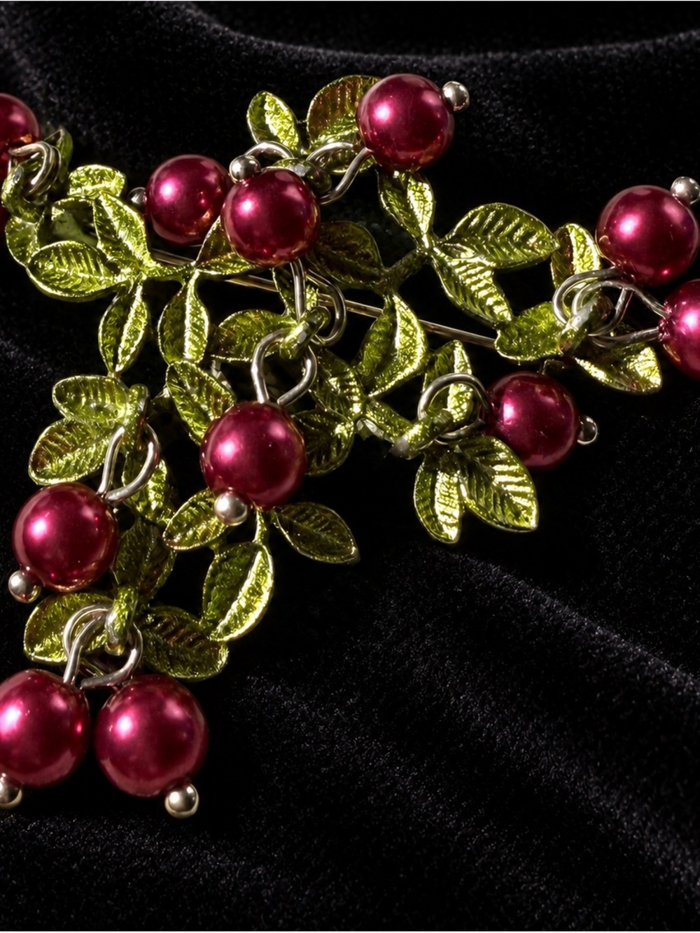 Cranberry Brooch Burgundy Berries with Green Leaves